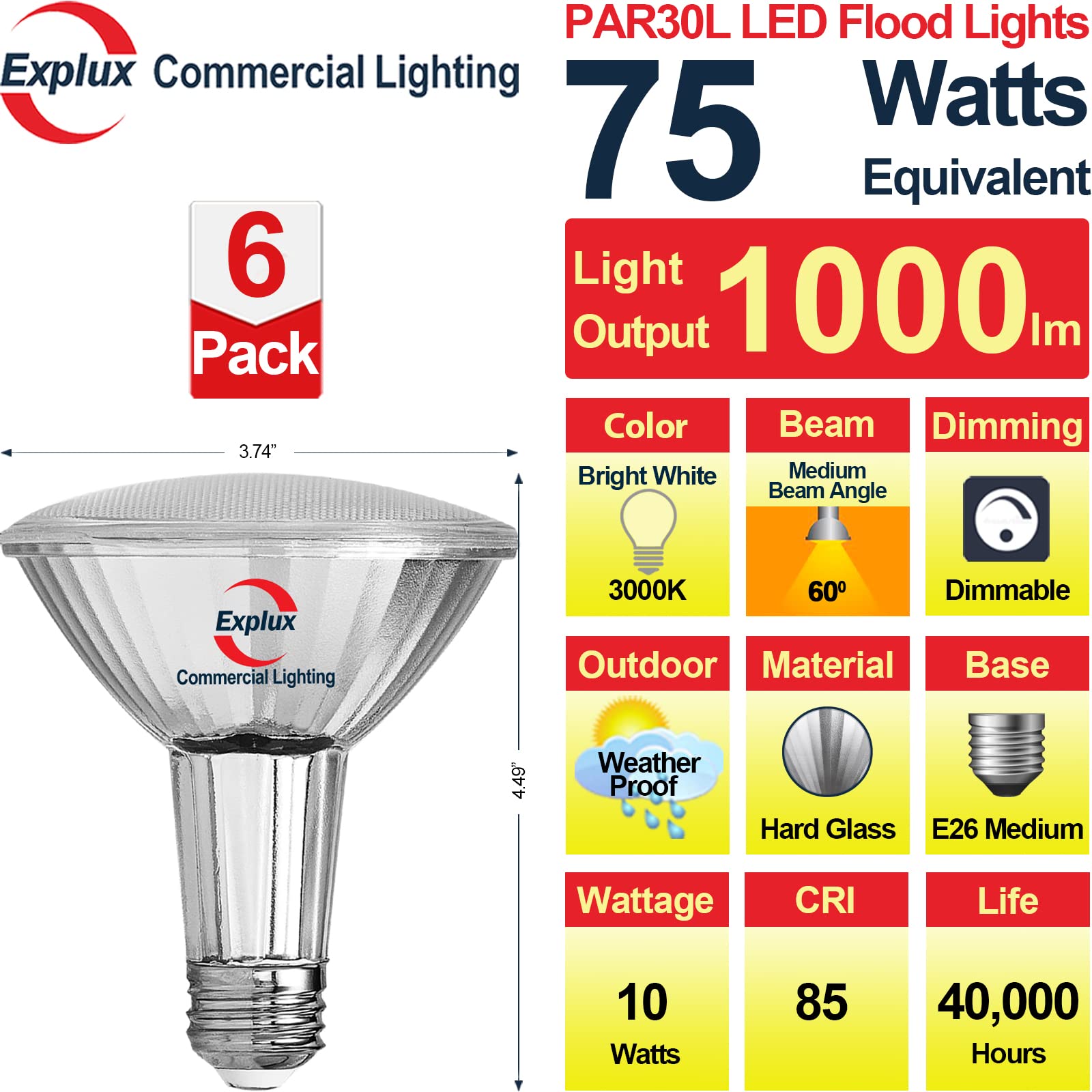 Explux Commercial-grade LED PAR30 Flood Light Bulb, 75W Equivalent, 40000 Hours, Dimmable, Full-glass Waterproof & Anti-Ageing, Bright White 3000K, 6-Pack