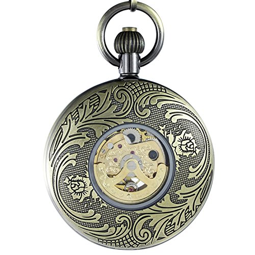 OGLE Waterproof Magnifier Skeleton Chain Silver Luminous Fob Self Winding Automatic Mechanical Pocket Watch (Bronze Luminous)