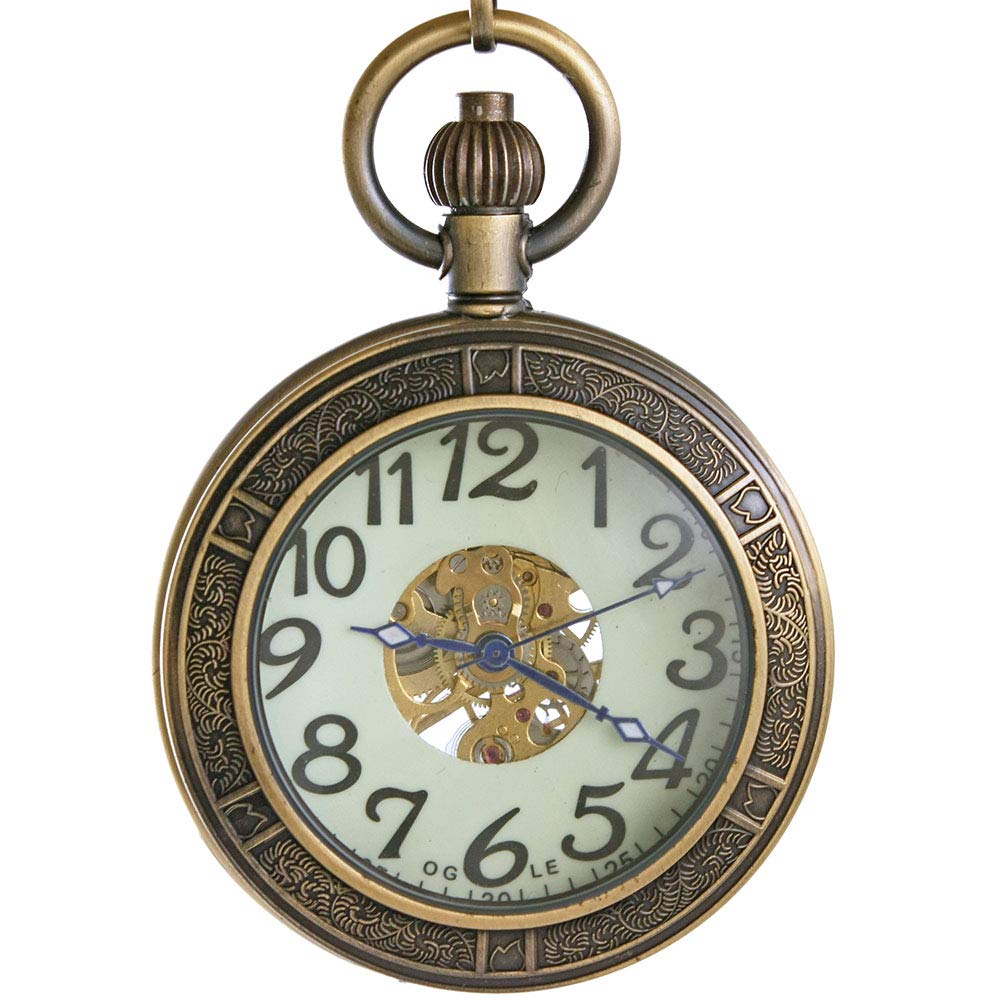 OGLE Waterproof Magnifier Skeleton Chain Silver Luminous Fob Self Winding Automatic Mechanical Pocket Watch (Bronze Luminous)