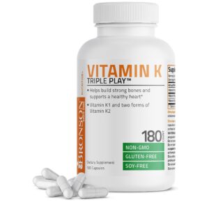 vitamin k triple play (vitamin k2 mk7 / vitamin k2 mk4 / vitamin k1) full spectrum complex vitamin k supplement, 180 capsules