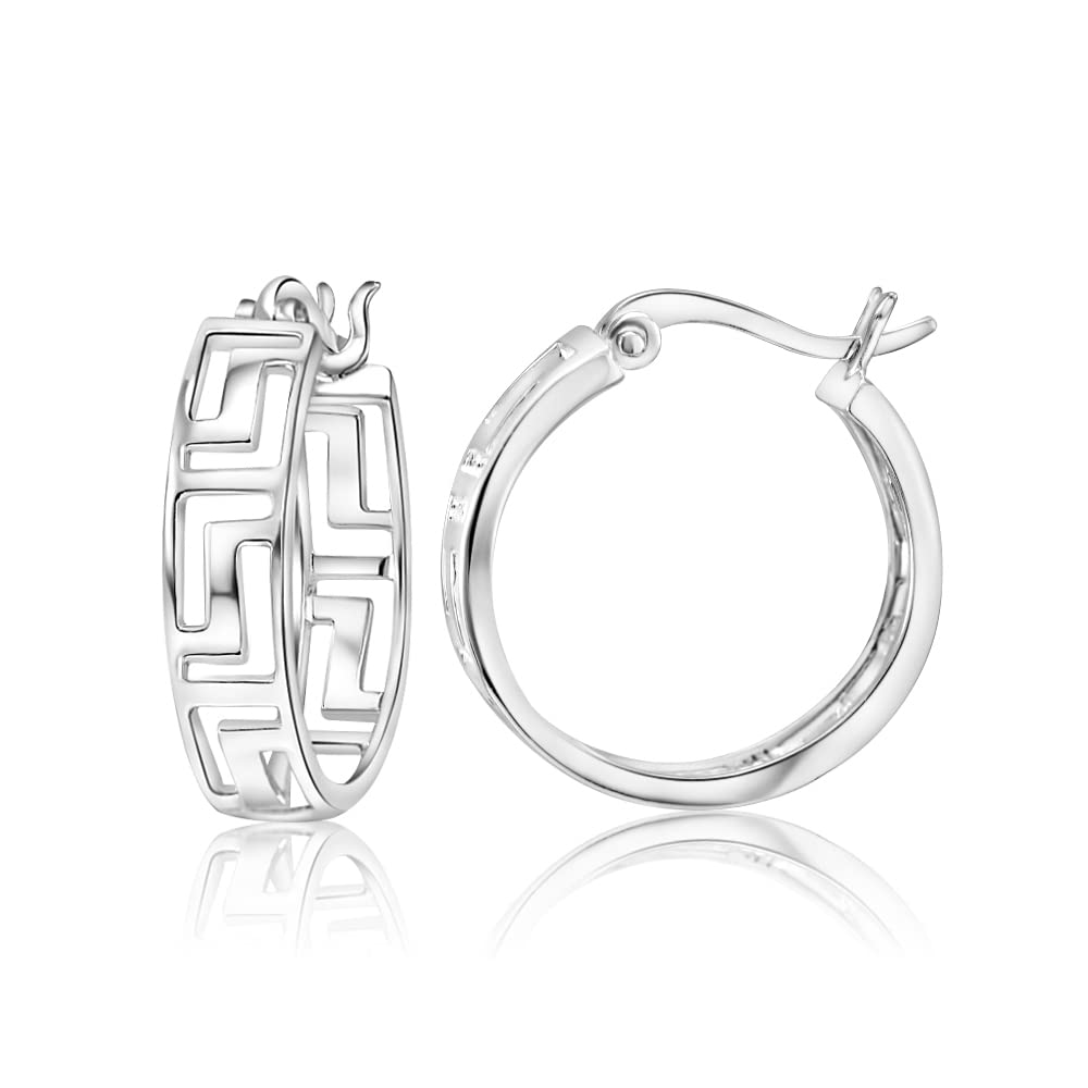 Sterling Silver Greek Key 20mm Round Hoop Earrings