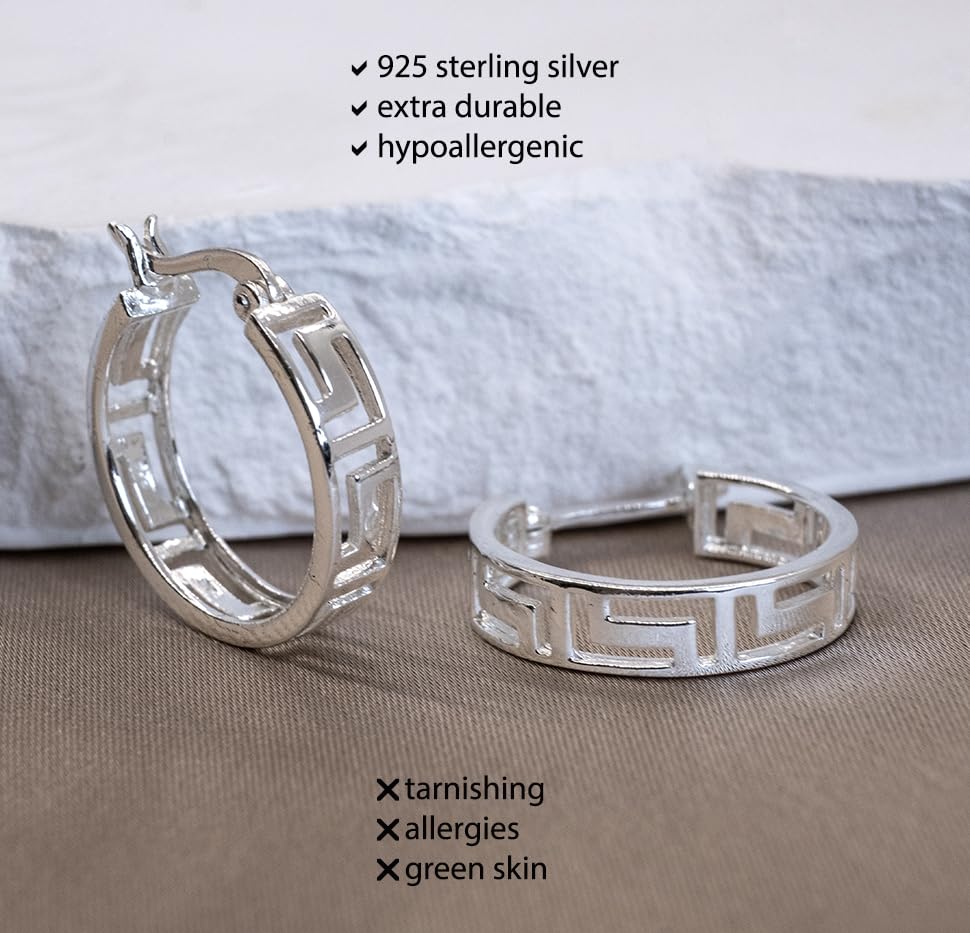 Sterling Silver Greek Key 20mm Round Hoop Earrings