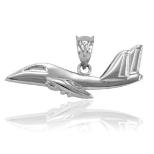 polished 14k white gold fighter jet airplane charm pendant