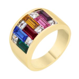 18k gold plated ring with dark multi-color alternated princess and baguette cut crystal size 7