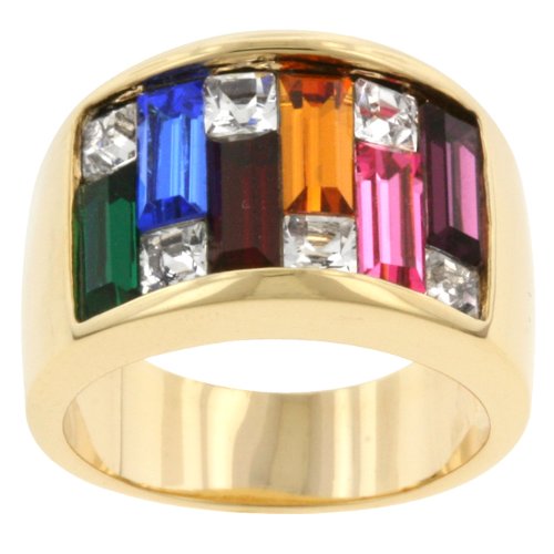 18k Gold Plated Ring with Dark Multi-Color Alternated Princess and Baguette Cut Crystal Size 7