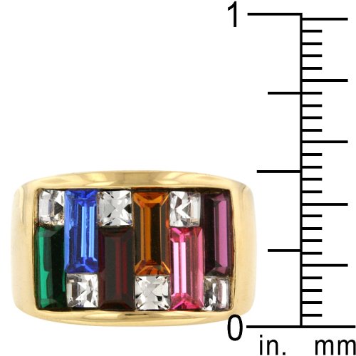 18k Gold Plated Ring with Dark Multi-Color Alternated Princess and Baguette Cut Crystal Size 7