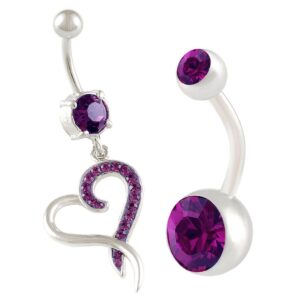 bodyjewellery 2pcs 14g 3/8 inch 10mm heart crystal belly button rings dangle sexy surgical steel cute navel piercing jewelry amethyst