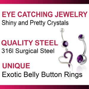 bodyjewellery 2Pcs 14g 3/8 Inch 10mm Heart Crystal Belly Button Rings Dangle Sexy Surgical Steel Cute Navel Piercing Jewelry Amethyst