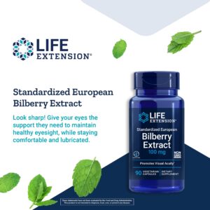 Life Extension Standardized European Bilberry Extract 100 mg – Vaccinium Myrtillus Supplement for Eye and Ocular Health Support – Gluten-Free, Non-GMO, Vegetarian – 90 Capsules