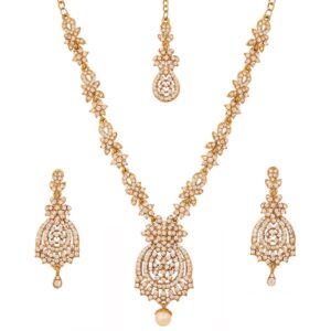 Touchstone Indian Hollywood white rhinestone bridal Designer jewelry necklace set in antique gold tone for women