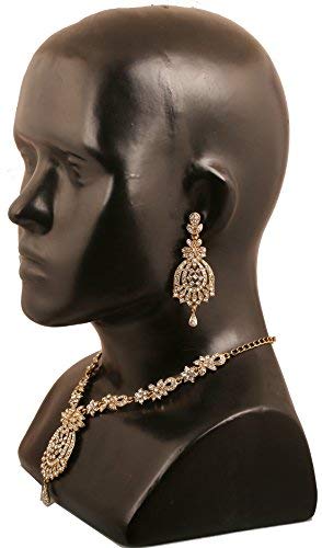 Touchstone Indian Hollywood white rhinestone bridal Designer jewelry necklace set in antique gold tone for women