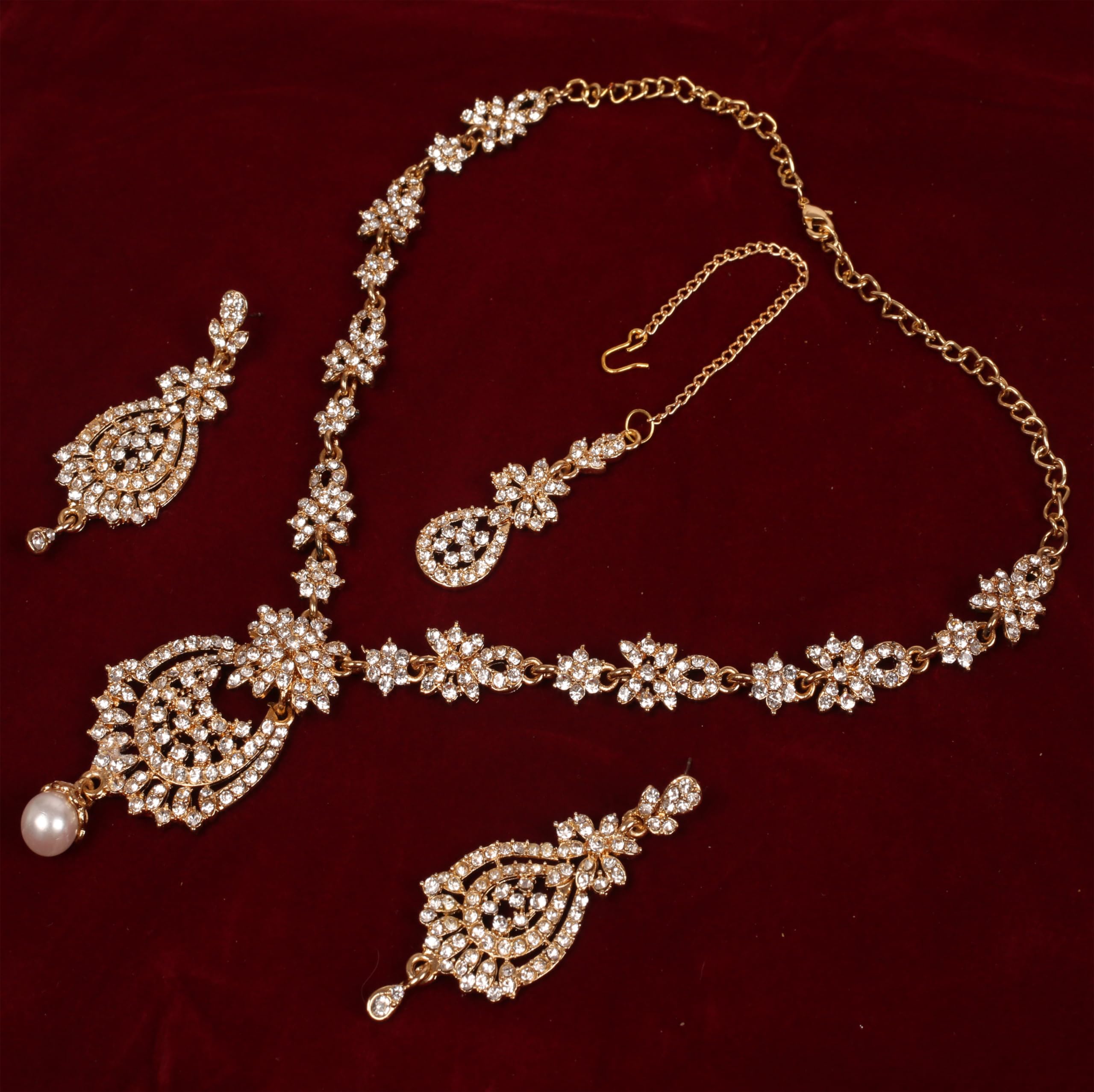 Touchstone Indian Hollywood white rhinestone bridal Designer jewelry necklace set in antique gold tone for women