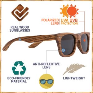 Woodies Polarized All-Wood Zebra Wood Sunglasses for Men and Women | Dark Lenses and Real Wooden Frame | 100% UVA/UVB Ray Protection