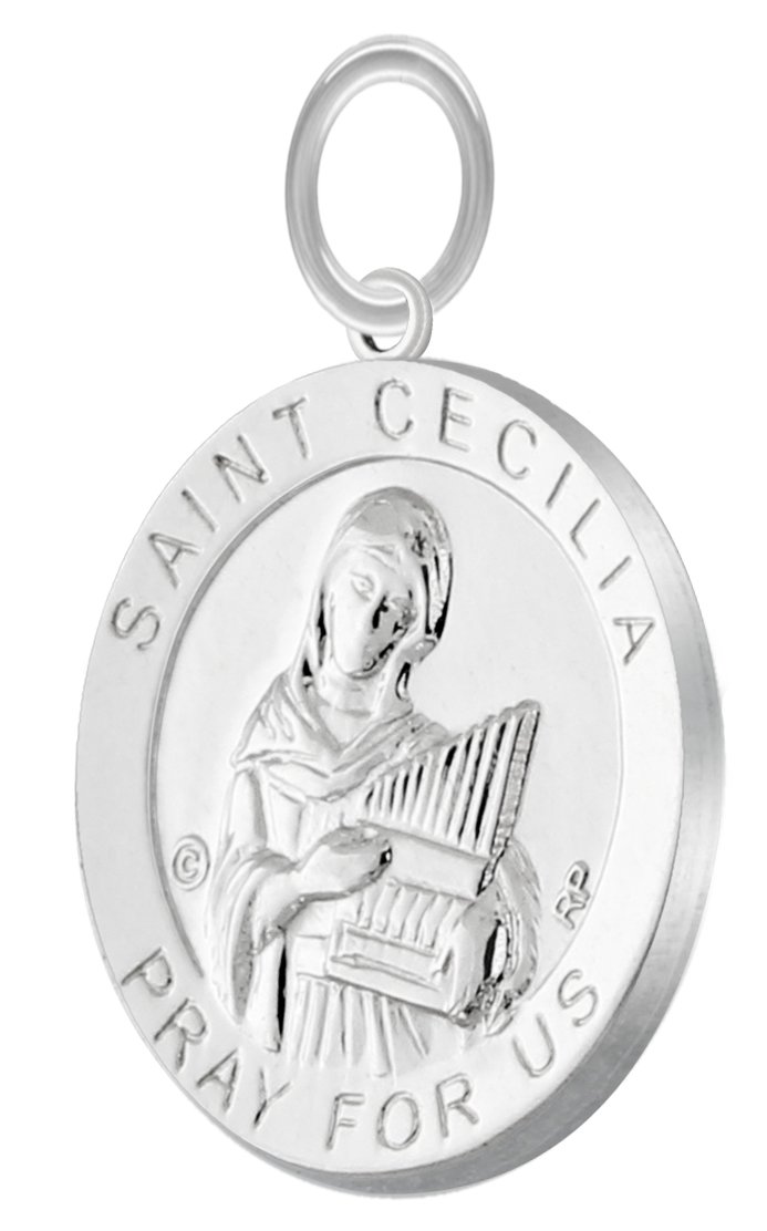 US Jewels New Polished 3/4in 0.925 Sterling Silver Saint St Cecilia Round Medal Pendant