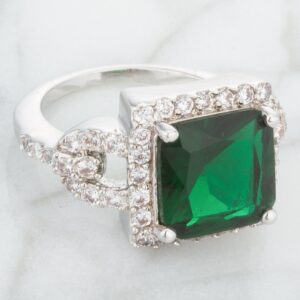 Kate Bissett Halo Style Engagement Ring with 10mm Princess Cut Emerald Green and Round Cut Clear CZ (9) Size 9