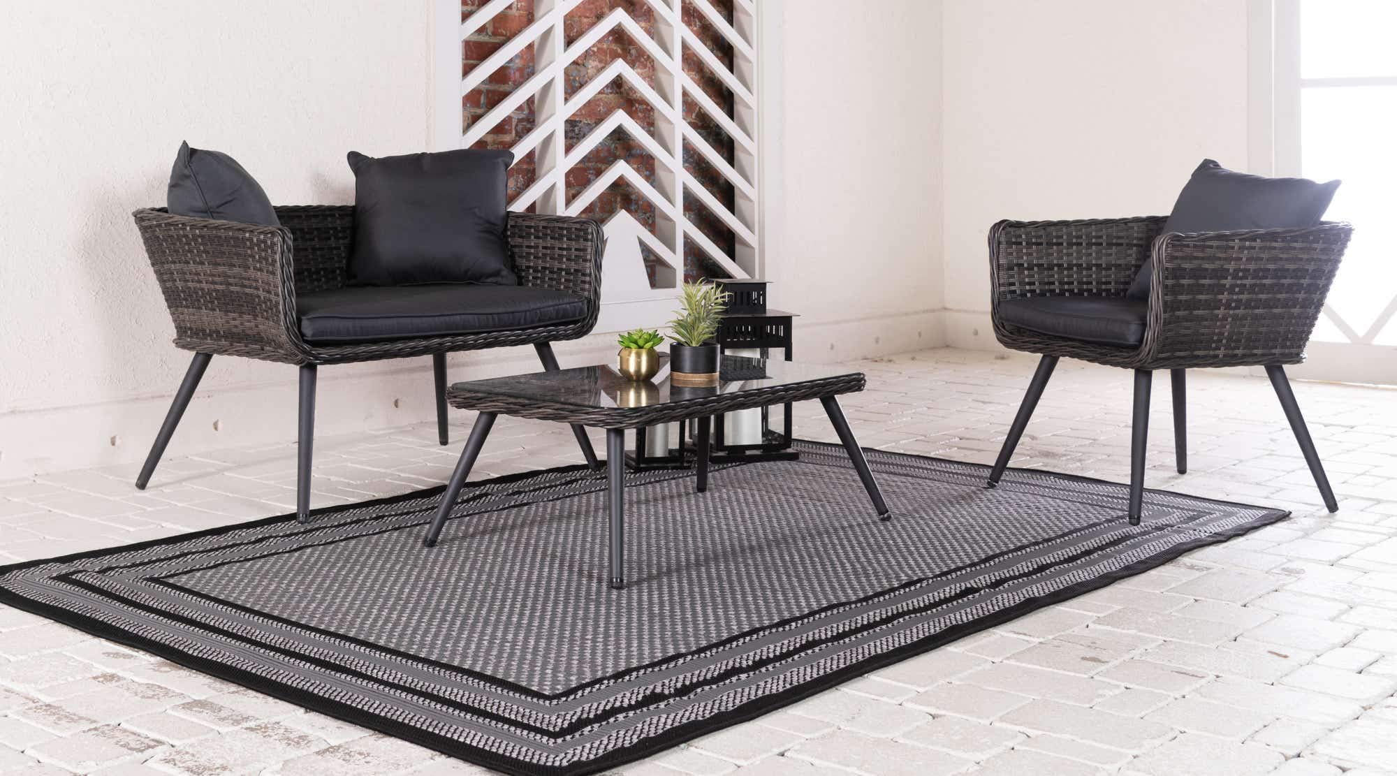 Unique Loom Outdoor Border Collection Area Rug - Multi Border (6' 1" x 9' Rectangle, Gray/ Black)