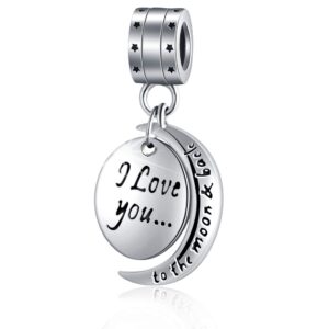 “i love you to the moon and back” for mom women, 925 sterling silver dangle charm fit pandora bracelets charms, necklace, chain