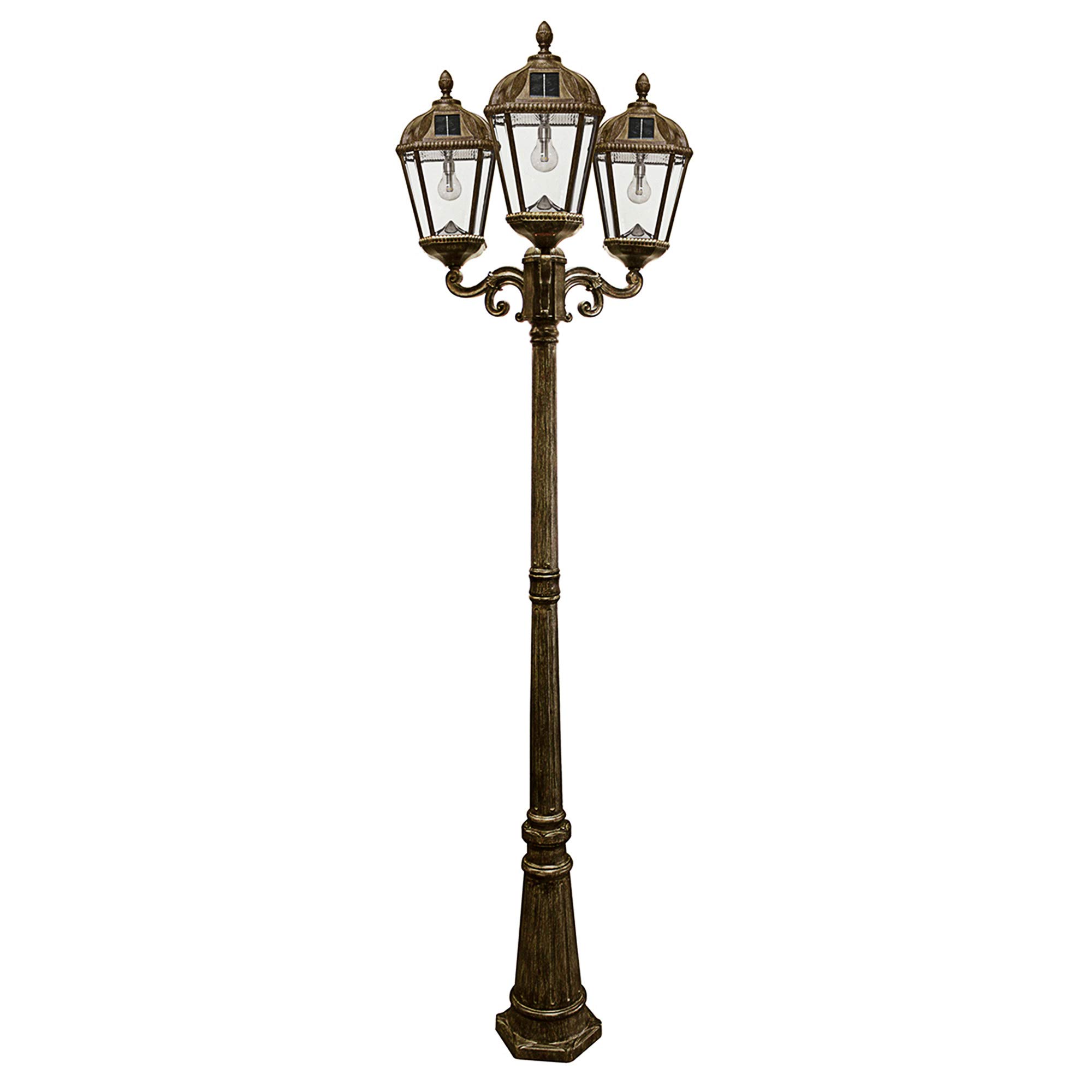 Gama Sonic Royal Bulb Solar Lamp Post Light Kit, 89 inch Tall, Outdoor Triple Head Weathered Bronze Cast Aluminum, Beveled Glass Post Lamp, Light Pole, Warm White Light 2700K 98B303 (Upgraded Panel)