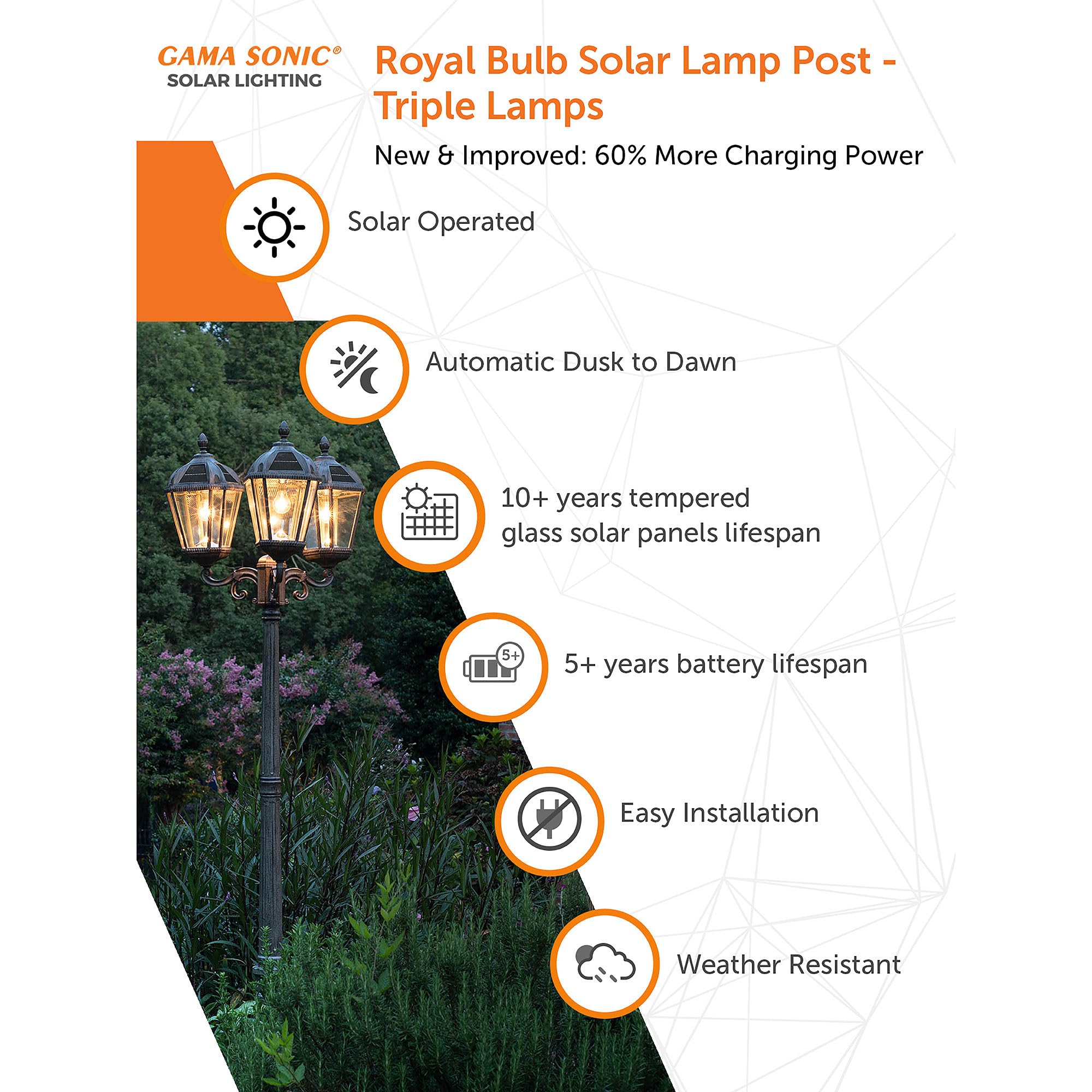 Gama Sonic Royal Bulb Solar Lamp Post Light Kit, 89 inch Tall, Outdoor Triple Head Weathered Bronze Cast Aluminum, Beveled Glass Post Lamp, Light Pole, Warm White Light 2700K 98B303 (Upgraded Panel)