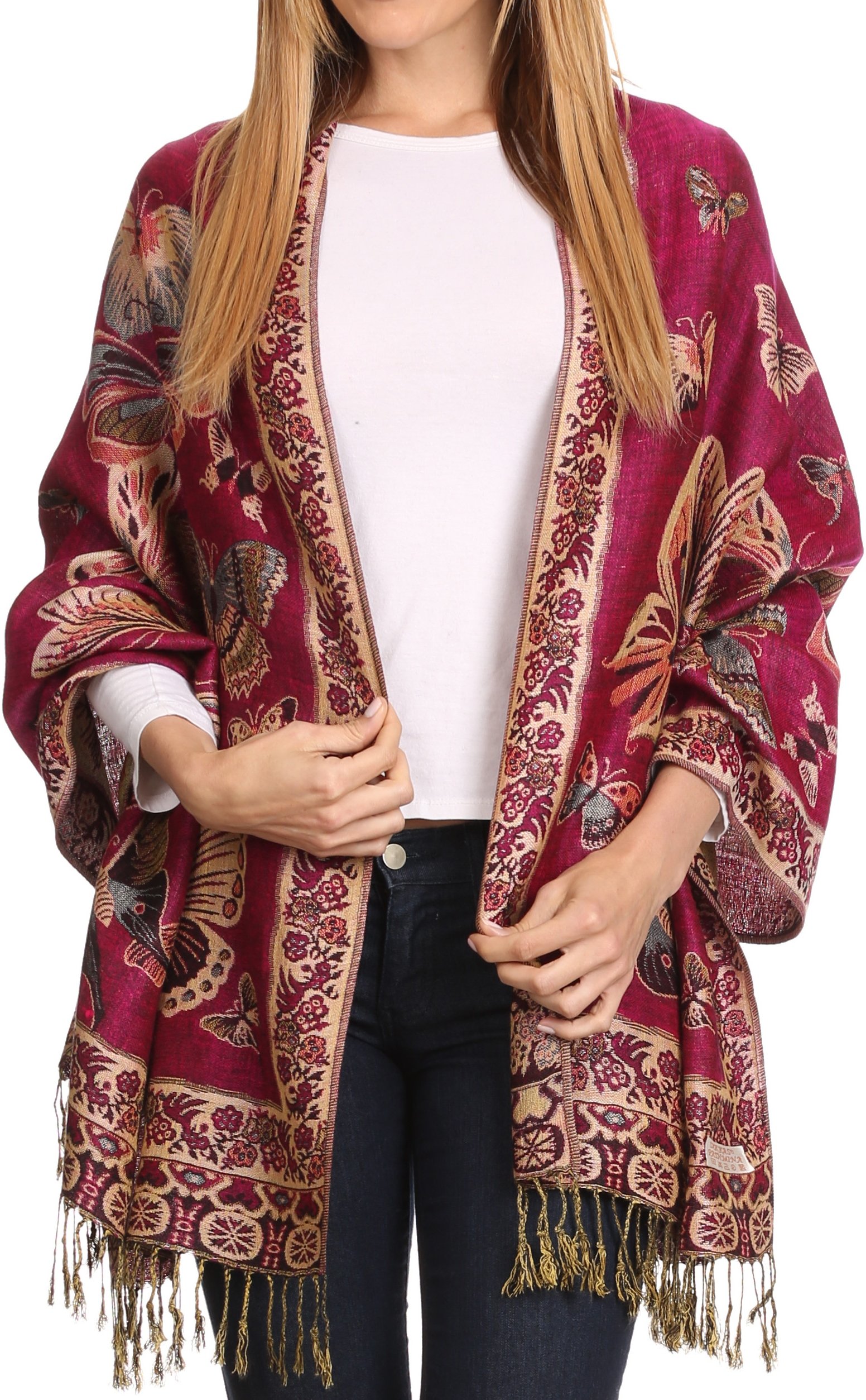 Sakkas 16126 - Liua Long Wide Woven Patterned Design Multi Colored Pashmina Shawl/Scarf - Fuchsia - OS