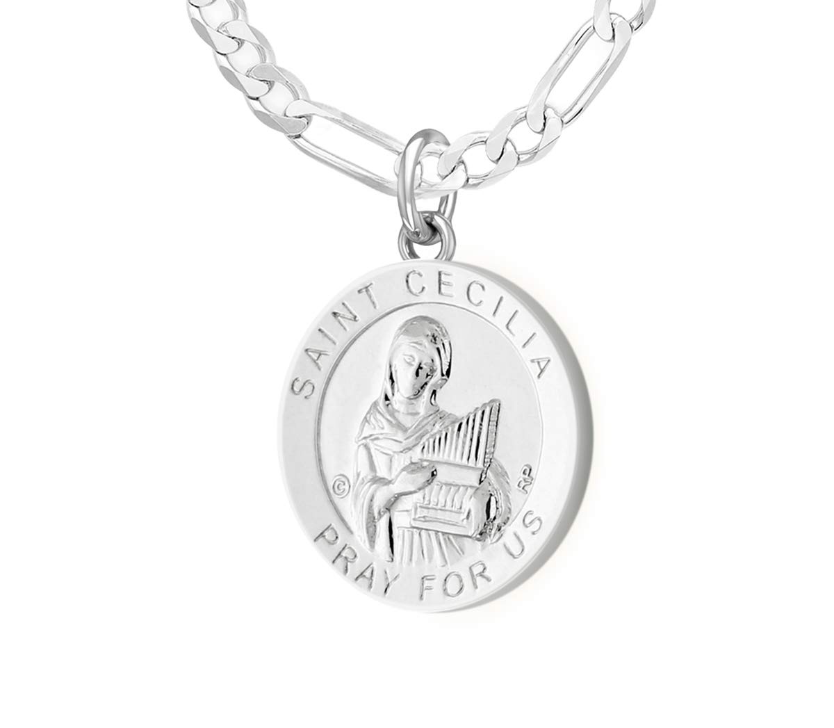 US Jewels Ladies 925 Sterling Silver 18.5mm Saint Cecilia Pendant 2.3mm Figaro Chain Necklace, 20in