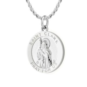 US Jewels 3/4in 925 Sterling Silver Polished Finish Saint St Clare Medal Pendant Necklace