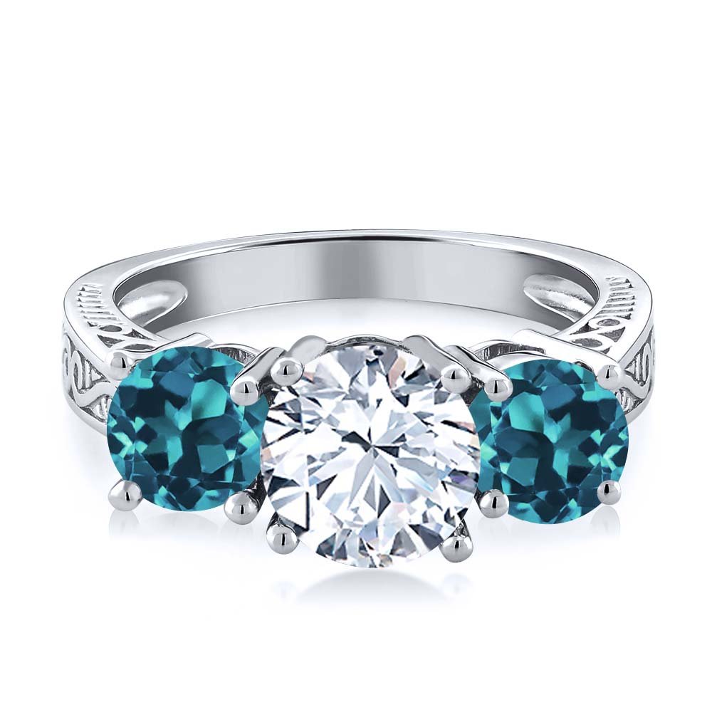 Gem Stone King 925 Sterling Silver White and London Blue Topaz Gemstone Birthstone 3-Stone Ring For Women (2.40 Cttw, Gemstone Birthstone, Available In Size 5, 6, 7, 8, 9)