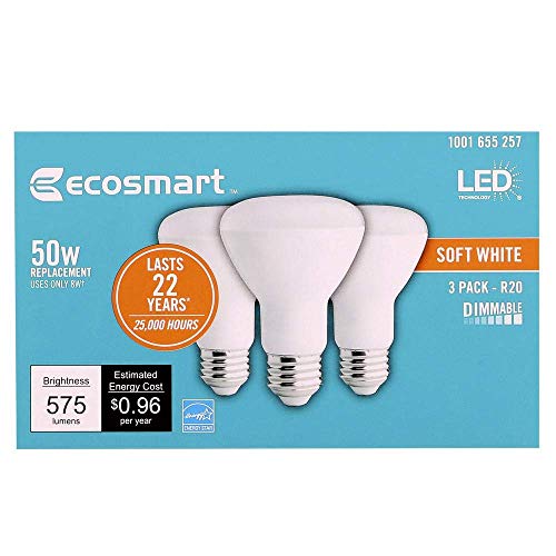 (3-pack) EcoSmart BR20 Soft White LED, Dimmable, 575-Lumen, 2700K, 8-Watt (50-Watt Equivalent) Light Bulb, E26 Medium Base