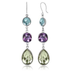 Gem Stone King 925 Sterling Silver Multi Shape Sky Blue Topaz Purple and Green Amethyst Dangle Earrings For Women