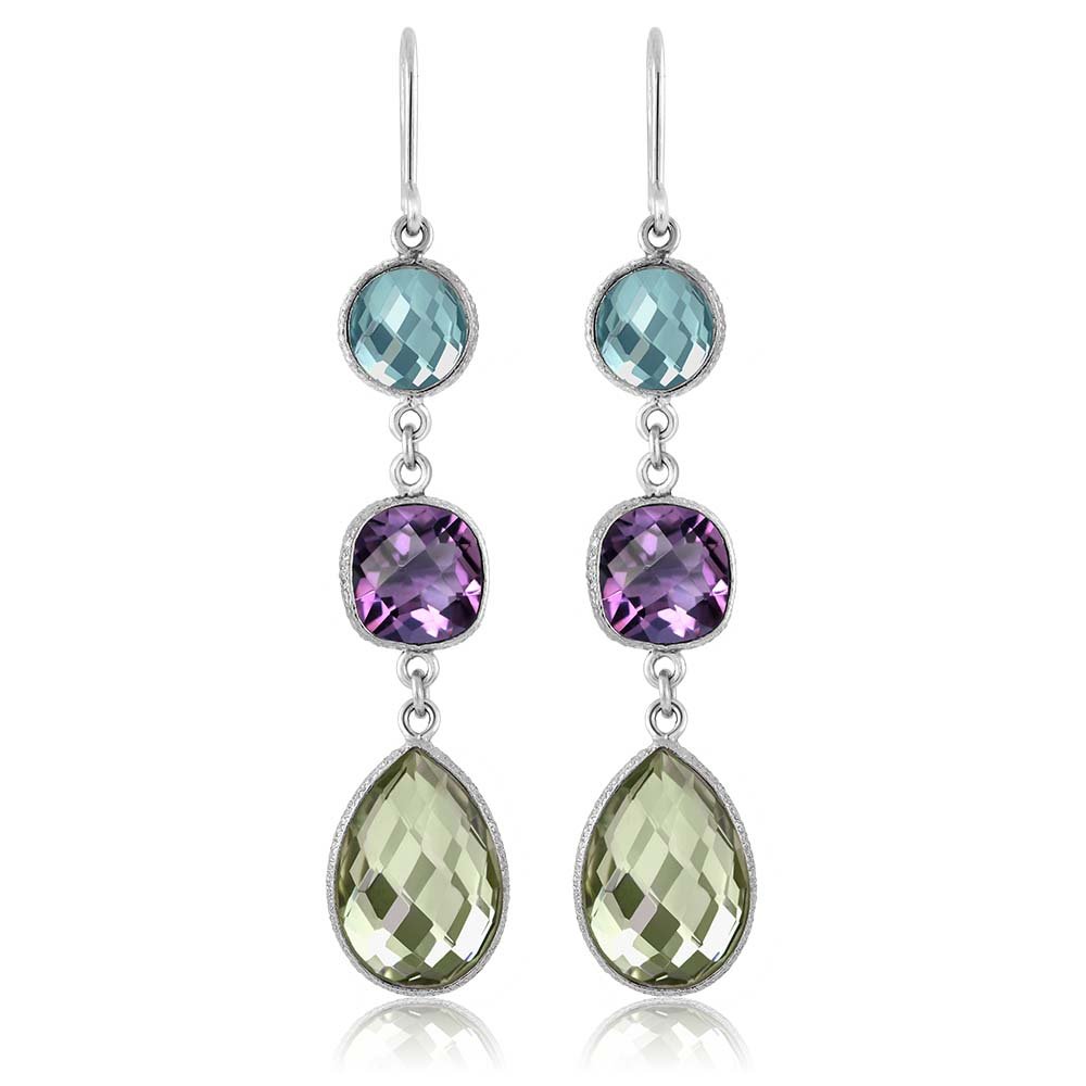 Gem Stone King 925 Sterling Silver Multi Shape Sky Blue Topaz Purple and Green Amethyst Dangle Earrings For Women