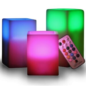 led lytes led multi colored flameless candles battery operated, 3 square ivory wax with multi-function timer remote control, flickering flame candle set for teen gifts and wedding decor