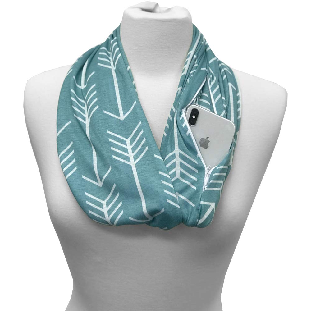 Pop Fashion Arrow Pattern Infinity Scarf for Women - Lightweight, Comfortable Travel Scarf with Hidden Zipper Pocket to Store Phone, Keys, and Wallet - Fashion Scarf for All Seasons (Teal)