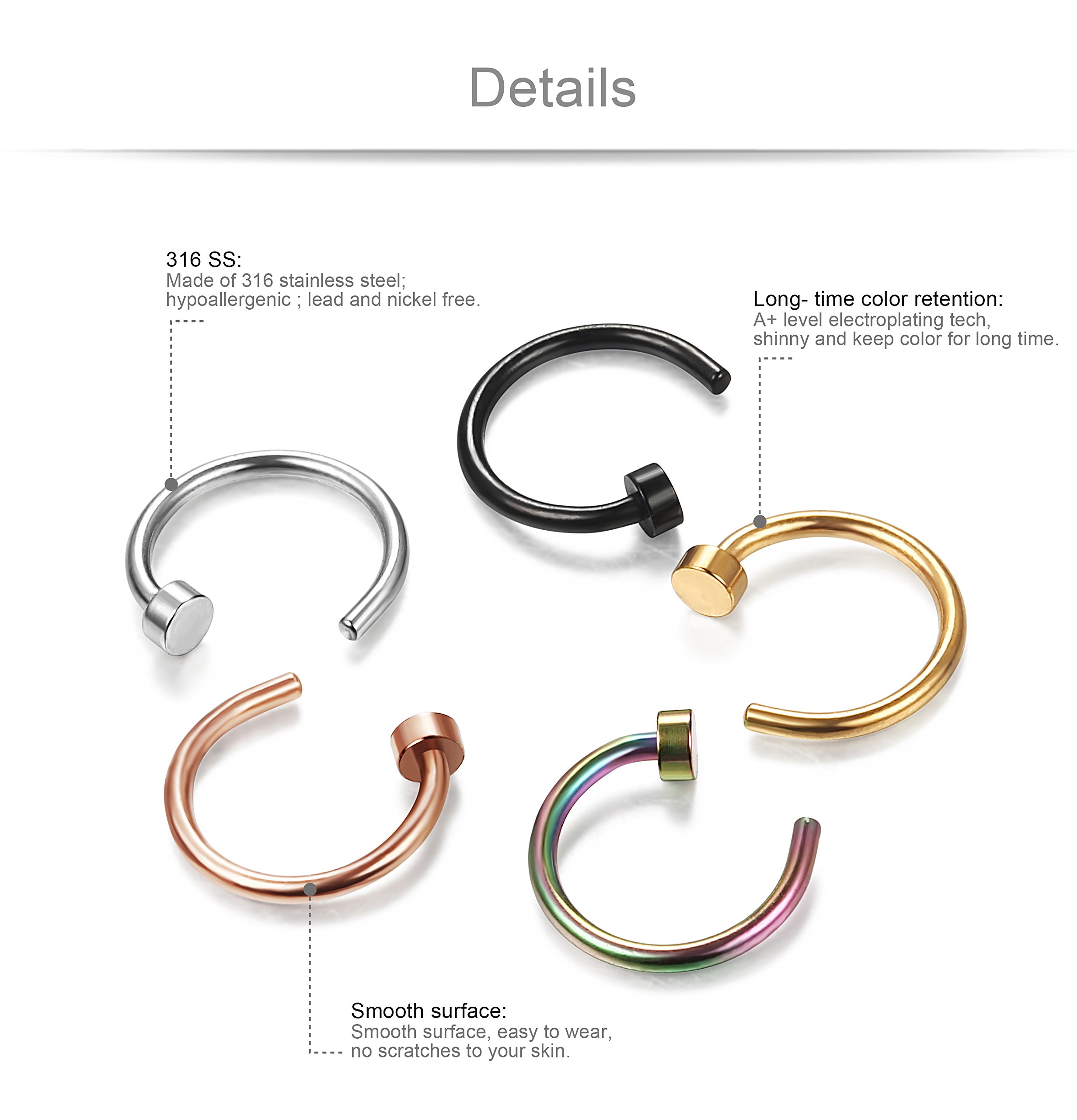 Jstyle 18G 5 Pcs a Set 316L Stainless Steel Nose Rings Hoop Nose Piercing Body Jewelry 9.5mm