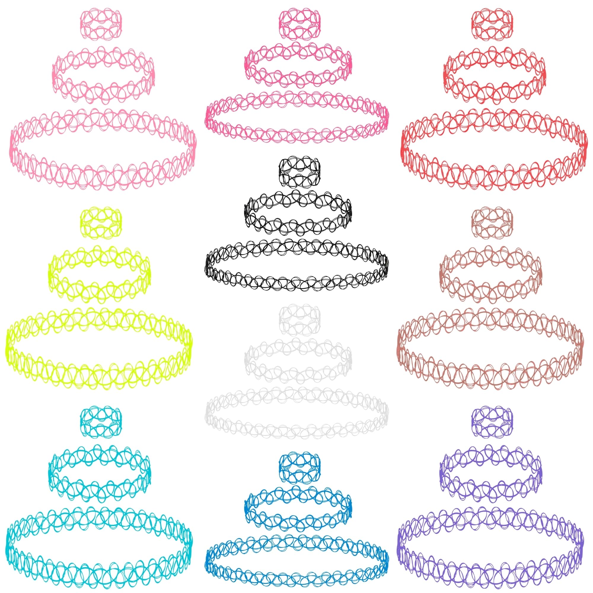 BodyJ4You 30PC Choker Henna Tattoo Necklace Bracelet Ring Set - Stretchy 90s Accessories Women Girls Kids - Vibrant Rainbow Pink Green Blue Red Clear White - Elastic Adjustable Jewelry