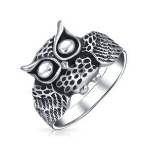 Personalized Protection Medium Old Wise Bird Night Owl Band Ring For Women Teen Oxidized .925 Sterling Silver Customizable