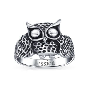 Personalized Protection Medium Old Wise Bird Night Owl Band Ring For Women Teen Oxidized .925 Sterling Silver Customizable