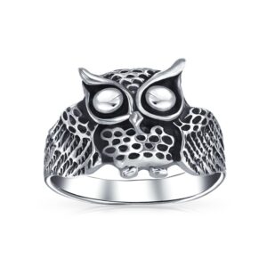 Personalized Protection Medium Old Wise Bird Night Owl Band Ring For Women Teen Oxidized .925 Sterling Silver Customizable