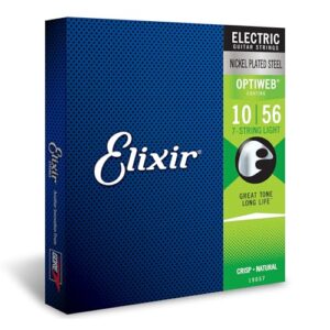 elixir strings, electric guitar strings, nickel plated steel with optiweb coating, longest-lasting crisp tone with comfortable feel, 7 string set, light 10-56