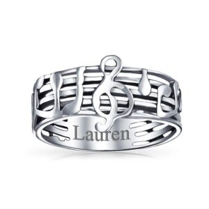 Personalize Musician Student Teacher Bar Measure Treble Clef Note Music Band Ring For Teen For Women Oxidized .925 Sterling Silver Customizable