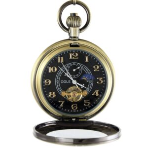 ogle waterproof luminous magnifier tourbillon moon sun chain fob self wind automatic mechanical pocket watch (bronze black)