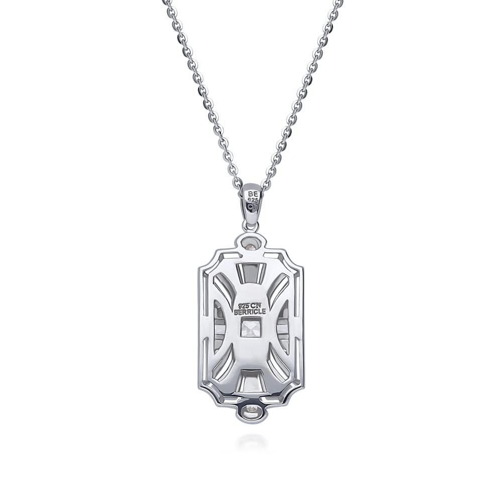 BERRICLE Sterling Silver Art Deco Cubic Zirconia CZ Milgrain Pendant Necklace for Women, Rhodium Plated