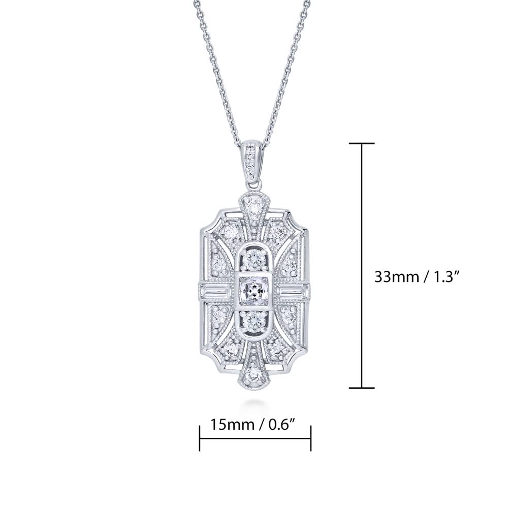 BERRICLE Sterling Silver Art Deco Cubic Zirconia CZ Milgrain Pendant Necklace for Women, Rhodium Plated