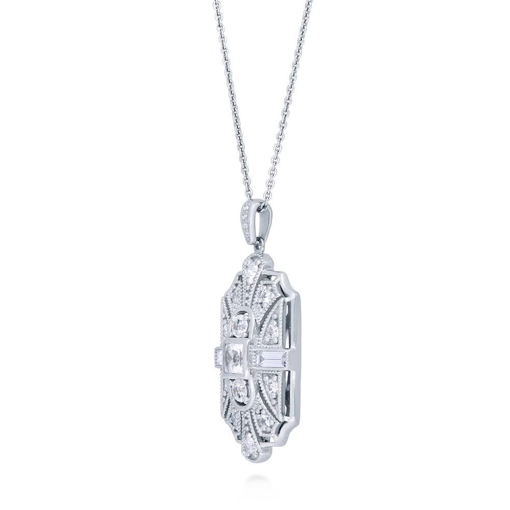 BERRICLE Sterling Silver Art Deco Cubic Zirconia CZ Milgrain Pendant Necklace for Women, Rhodium Plated