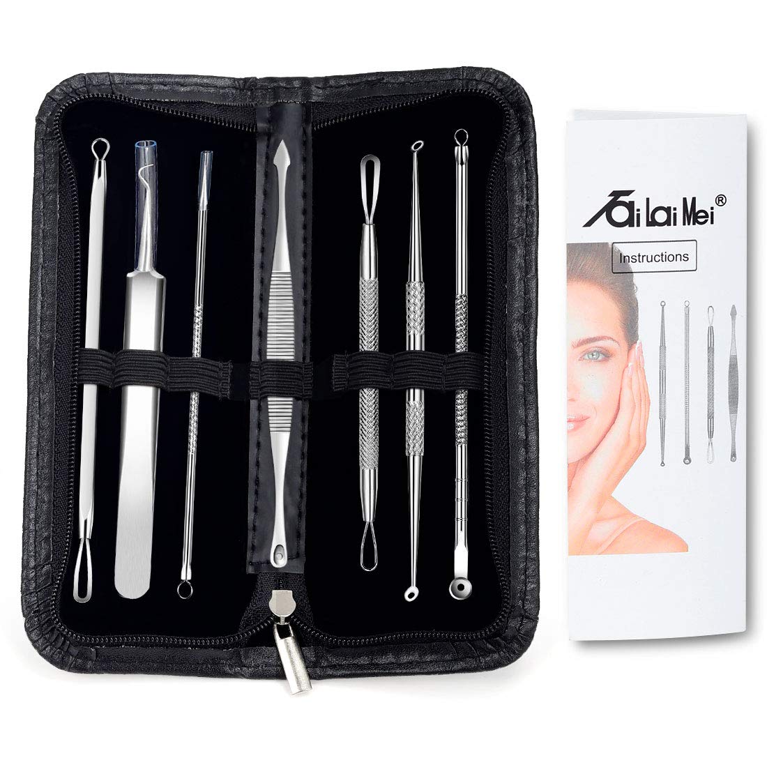 7-Piece Blackhead Remover Kit - Pimple Comedone Extractor Tool set for Facial Acne and Treatment for Blemish, Whitehead Popping, Zit Removing for Risk Free Nose Face Skin with Metal Case