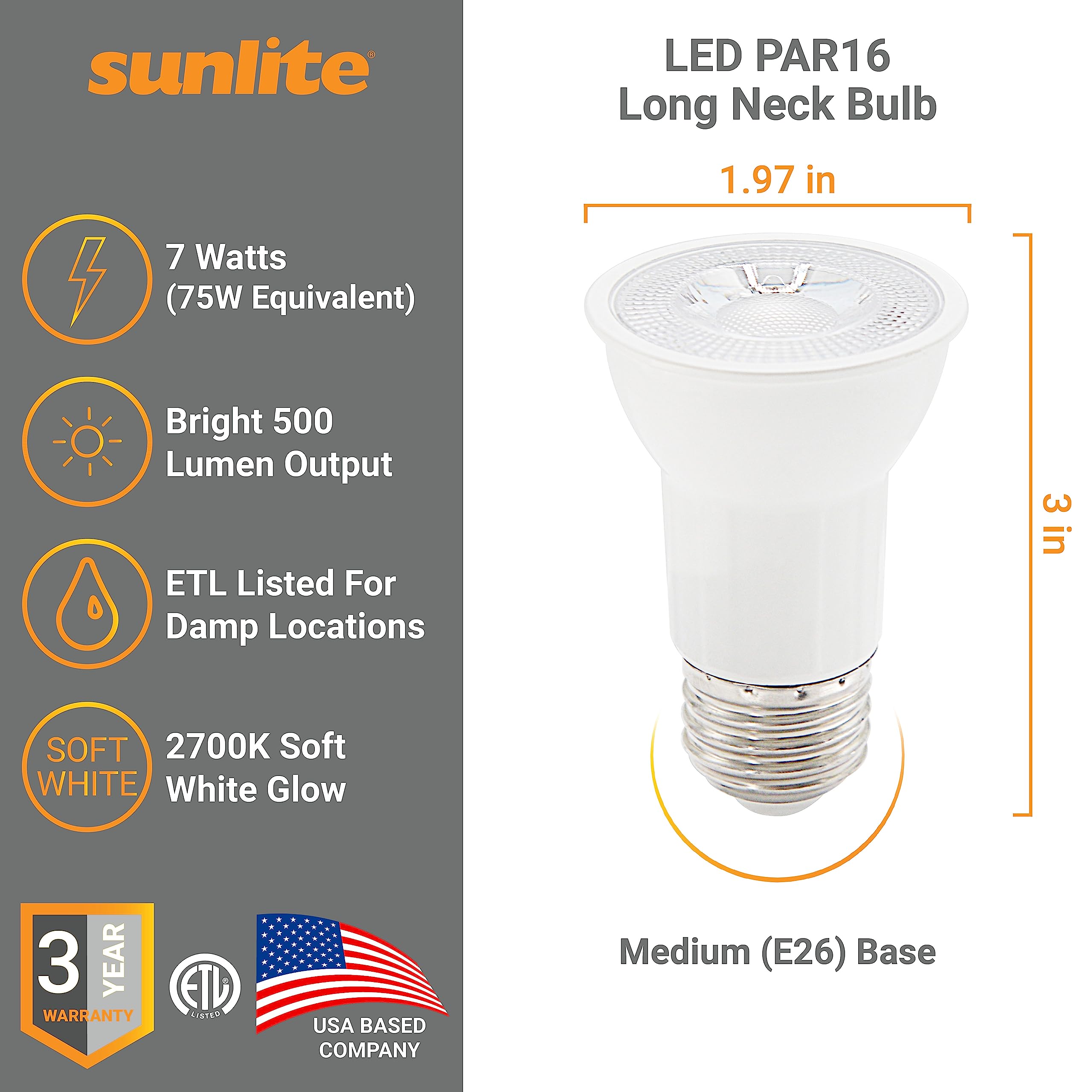 Sunlite LED PAR16 Long Neck Recessed Spotlight Bulb, 7 Watt, (75W Halogen Replacement), 500 Lumens, Medium (E26) Base, Dimmable, ETL Listed, 2700K Soft White, 6 Pack