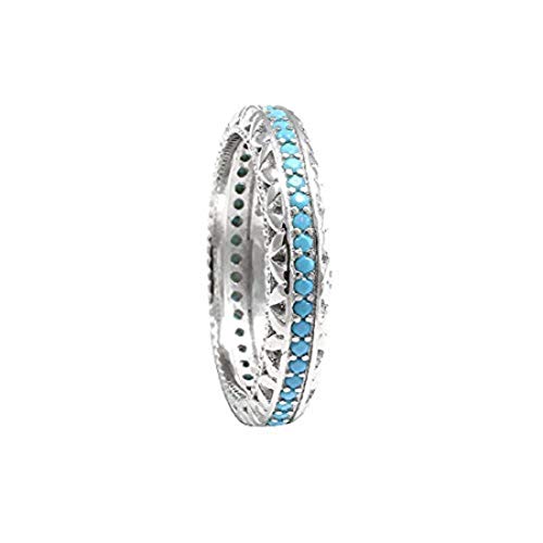 4mm Full Eternity Stackable Wedding Band Ring Round Simulated Nano Turquoise 925 Sterling Silver, Size-8