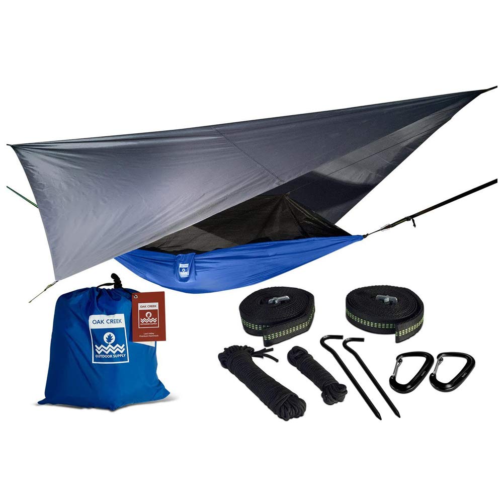 Oak Creek Lost Valley Camping Hammock. Bundle Includes Mosquito Net, Rain Fly, Tree Straps, Compression Sack. Weighs Four Pounds, Perfect for Camping. Lightweight Nylon Single Hammock.