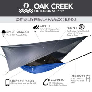 Oak Creek Lost Valley Camping Hammock. Bundle Includes Mosquito Net, Rain Fly, Tree Straps, Compression Sack. Weighs Four Pounds, Perfect for Camping. Lightweight Nylon Single Hammock.