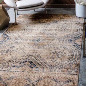 Unique Loom Chateau Collection Geometric, Vintage, Textured, Distressed, Traditional Area Rug, 5' 0" x 8' 0", Beige/Navy Blue