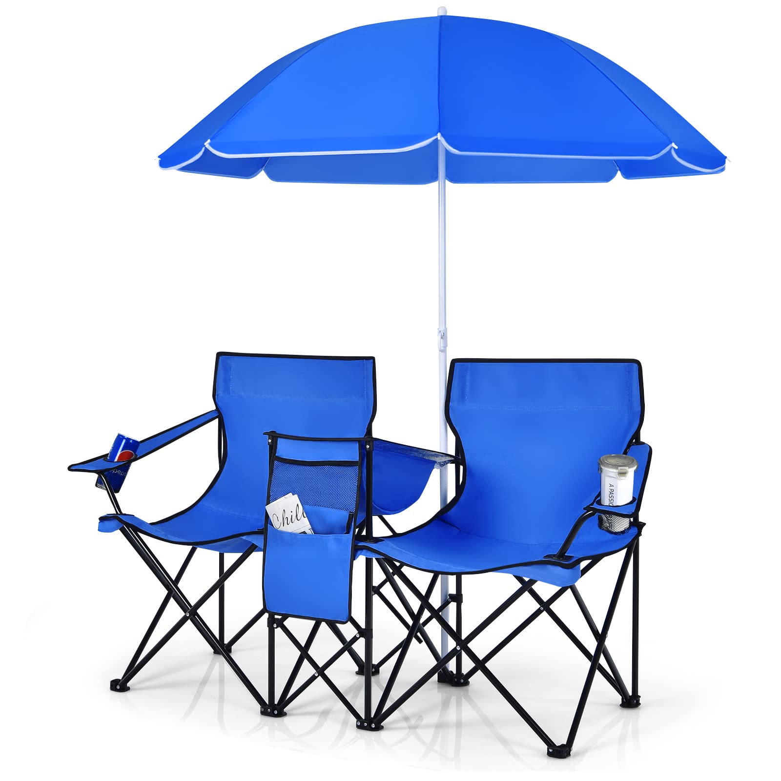 COSTWAY Double Portable Picnic Chairs, Folding Camping Chairs w/Detachable Umbrella, Cooler Bag, Cup Holders, Patio Beach Camping Chairs for Outdoors, Blue